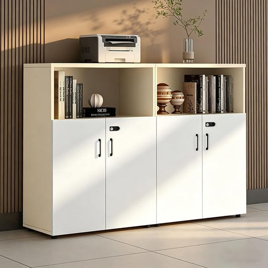 File Cabinet with Password Lock, Wood Lateral Filing Cabinet for Letter/A4 Files, 3 Drawer with Door, Printer Stand with Open Shelves for Home Office