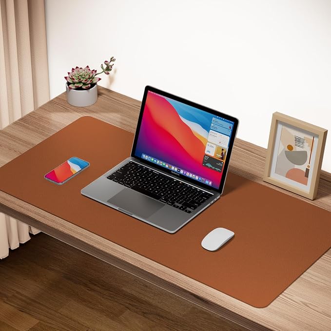 Boutilon Leather Desk Pad Protector,Non-Slip Mouse Pad,Laptop Desk Pad,Office Mouse Mat,Waterproof Leather Desk Blotter,Desk Writing Pad for Office and Home (M-Brown,30"x14")