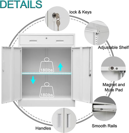 CMY Metal Storage Cabinet, Locking Storage Cabinet with 1 Drawer and Adjustable Shelf, 36.2" H x 28" W x 16" D Metal Cabinet for Office, Garage, Home-White