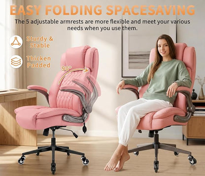 Large High Back Office Chair - Adjustable Lumbar Support Flip Up Arms Heavy Duty Quiet Wheels Metal Base Breathable Bonded Leather Ergonomic Executive Computer Desk Chair with Storage Bags, Pink