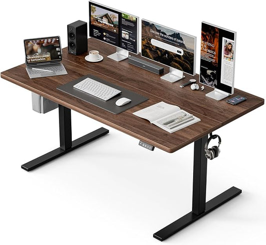 Grandder 63x32 Large Electric Standing Desk, Height Adjustable Computer Desk with 2 Memory Presets, 31.5" Deep Desktop Sit Stand Desk Home Office Desk Workstation Table with Hooks, Walnut