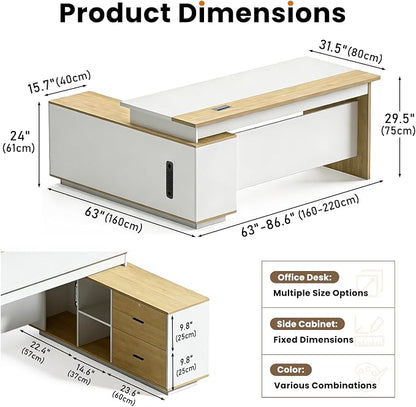 L Shaped Executive Desk with Drawers, Modern Large Wood Home Office Desk, Computer Desk with Storage for Boss Office Workstation