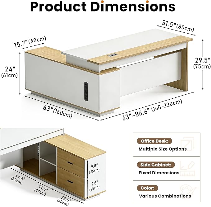 L Shaped Executive Desk with Drawers, Modern Large Wood Home Office Desk, Computer Desk with Storage for Boss Office Workstation