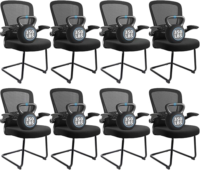 CLATINA Office Guest Chair no Wheels, Ergonomic Mesh Desk Chair Adjustable Lumbar Support and Flip Up Arms, Sled Base for Office Guest & Reception Chairs for Conference Room,Black (8PK)