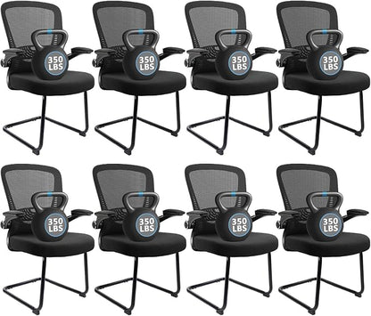 CLATINA Office Guest Chair no Wheels, Ergonomic Mesh Desk Chair Adjustable Lumbar Support and Flip Up Arms, Sled Base for Office Guest & Reception Chairs for Conference Room,Black (8PK)