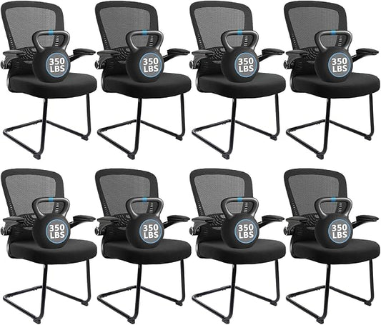 CLATINA Office Guest Chair no Wheels, Ergonomic Mesh Desk Chair Adjustable Lumbar Support and Flip Up Arms, Sled Base for Office Guest & Reception Chairs for Conference Room,Black (8PK)