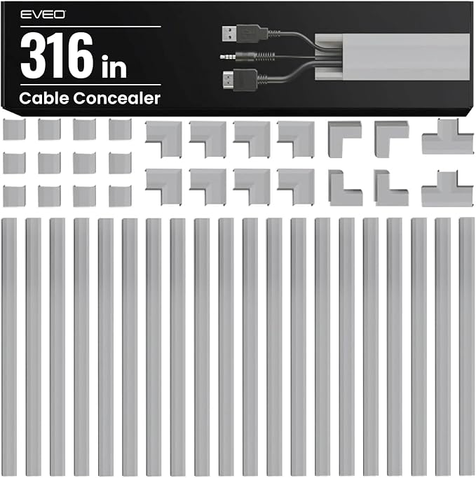 EVEO Cord Hider - 300” Cord Cover Wall Cable Hider, Cable Concealer, Wire Hiders for TV on Wall. Cable Management, Cord Hider Cable Raceway Wire Covers for Cords (Grey, Medium)