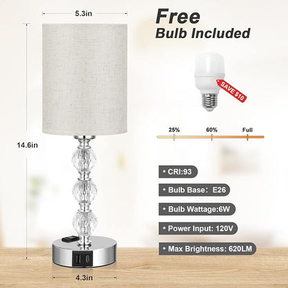 White Touch Bedside Lamps for Bedrooms - Crystal Table Lamp with USB C+A Charging Port and AC Outlet Nightstand, 3 Way Dimmable Silver Small End Side Table Lamp for Living/Guest/Dinning Room/Kitchen