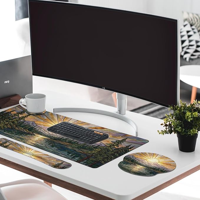 Britimes Mountain Gold Sun Keyboard Mouse Pad Set Nature Forest 4in1 Large Mousepad+Keyboard Wrist Rest+Mouse Wrist Rest+Coaster Ergonomic Design for Home Office Computer 35.4x15.7 inches