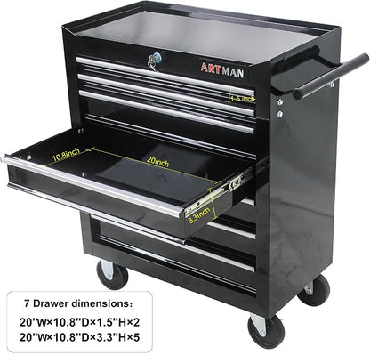 RYH 7 Drawers Rolling Tool Chest & Tool Box on Wheels | Heavy Duty Metal Cart with Ball Bearing Drawers | Fits US General Tool Box for Garage Storage (Black, 7 Drawers（29.9" H × 24.2" W × 12.9" D)