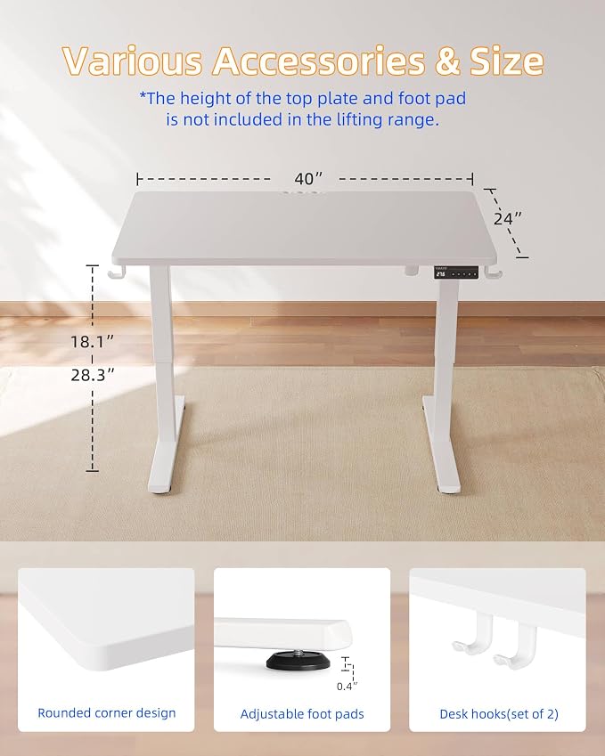YIHAYO One-Piece Low Height Adjustable Desk, Lifts 18.1-28.3 Inches, Electric Standing Desk for Short People, 40 x 24 Inches Computer Table with Splice Board for Home Office, White