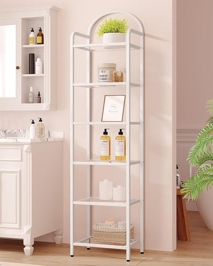 Hzuaneri Bookcase Bookshelf, Tempered Glass Bookshelves, Slim Shelving Unit for Bedroom, Bathroom, Home Office, Steel Frame, 6 Tier White BC10699W