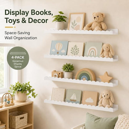 Extra Long White Scalloped Nursery Shelves for Wall, 4-Pack 31.5 Inch Floating Book Shelves for Kids Room, Wall Mounted Bookshelves for Bedroom, Playroom, Book and Decor Display