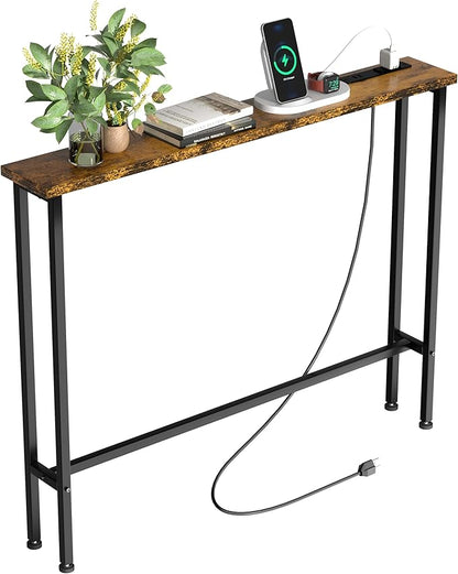 Keelian 39" Sofa Table Narrow Long with Power Outlets & 2 USB Ports, Metal Frame Behind Couch Table Behind Sofa Perfect for Hallway, Living Room, Entrance Easy Assembly, 4.9' Extension Cord Included