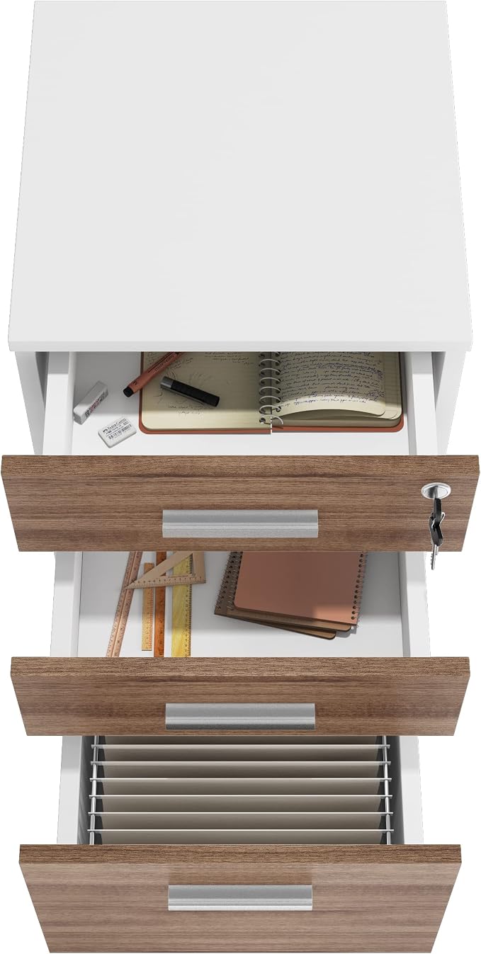 Modern Design Lazio File Cabinet, Filing Cabinets for Home Office, Drawers for Under Desk, Locking 3 Drawer Rolling Filing Cabinet with Lock, Walnut and White, by Crafts and Comfort