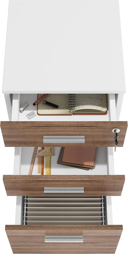 Modern Design Lazio File Cabinet, Filing Cabinets for Home Office, Drawers for Under Desk, Locking 3 Drawer Rolling Filing Cabinet with Lock, Walnut and White, by Crafts and Comfort