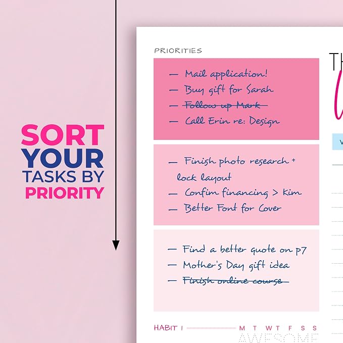 Weekly Planner Spiral Bound Notebook A5 - Undated Planner - To Do List Notebook - Habit Tracker - 52 Weeks - Daily Planner Undated for Home Work Office Business - Goal Planner - Cute Planner - Pink