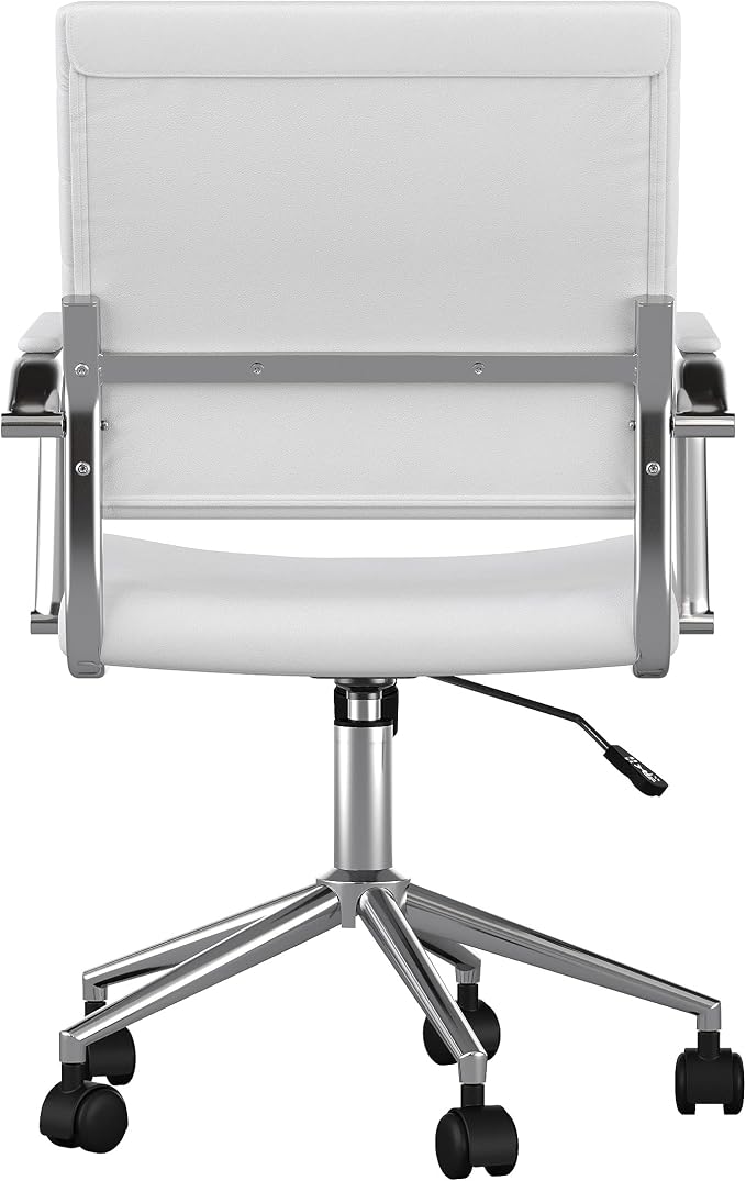 Martha Stewart Piper Swivel Task Chair with Armrests for Home Office in White Faux Leather with Polished Nickel Frame
