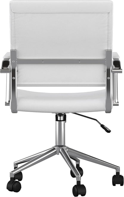 Martha Stewart Piper Swivel Task Chair with Armrests for Home Office in White Faux Leather with Polished Nickel Frame