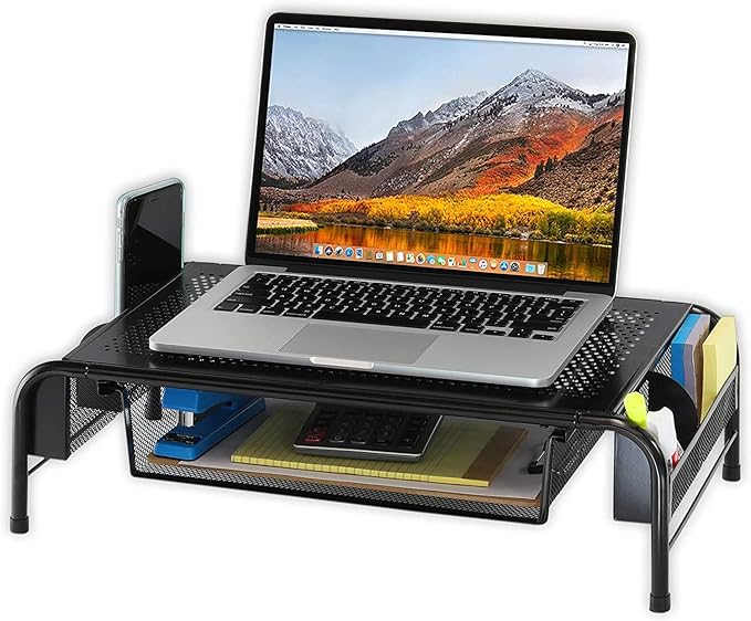 Simple Houseware Metal Desk Monitor Stand Riser with Organizer Drawer, Black