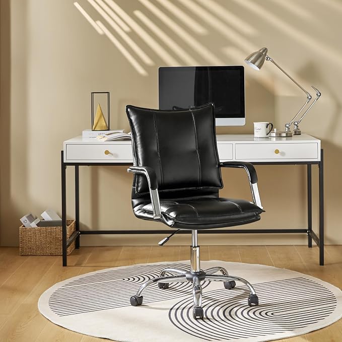 HULALA HOME Faux Leather Home Office Desk Chair, Adjustable Swivel Computer Chair with Sliver Legs and Arms, Comfy Upholstered Task Chair(Black)