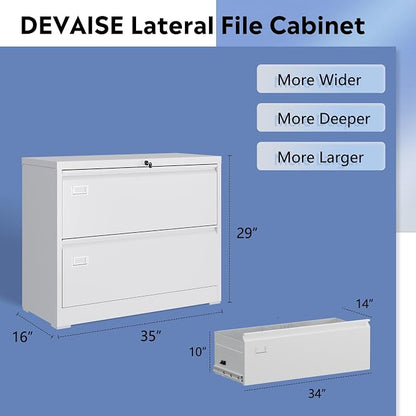 DEVAISE Lateral File Cabinet with Lock, 2 Drawer Metal Filing Cabinet for Home Office Organizer Hanging Files Letter/Legal/F4/A4 Size, Required Assembly, White