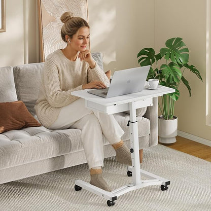Rolling Adjustable Height Computer Desk With Drawers, Small Mobile Laptop Desk Cart On Wheels For Small Spaces Home Office, Portable Sitting Laptop Table For Bed Couch Load Up To 60LBS, Sturdy, White