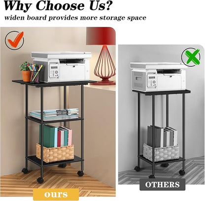 Black Modern Printer Stand with Storage 3 Tier Rolling Cart, Large Printer Table for Home Office, Multi-Level Storage, Compatible with Printers, Scanners, Office Supplies