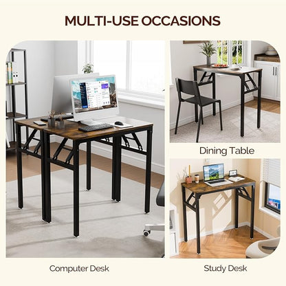 VINGLI Small Computer Desk No Assembly Required, Folding Desk as Writing Table, Dining Table and Workbench, Foldable Desk for Small Space & Home Office, 31.5 Inch, Brown & Black Frame