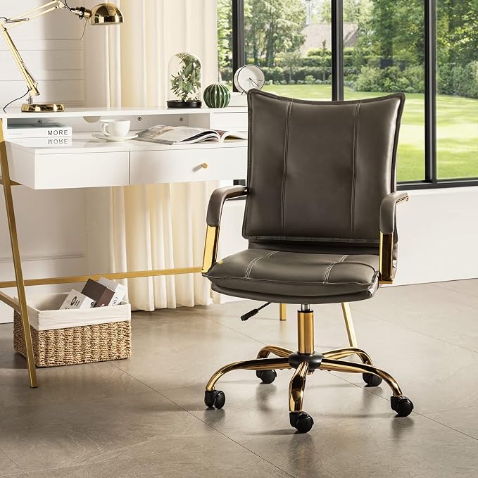 HULALA HOME Faux Leather Home Office Desk Chair, Adjustable Swivel Computer Chair with Golden Legs and Arms, Comfy Upholstered Task Chair, Grey