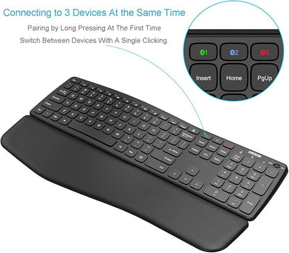 Arteck Bluetooth Keyboard Universal Wave Comfortable Keypad with Palm Rest Multi-Device Full Size Wireless Keyboard for Windows iOS iPad OS Android, Computer Desktop Laptop Surface Tablet Smartphone