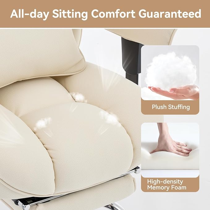Efomao Executive Office Chair, Beige Fabric Big and Tall Desk Chair | Breathable fabric, pocket spring & foam seat, retractable footrest, 135° recline for computer gaming setup