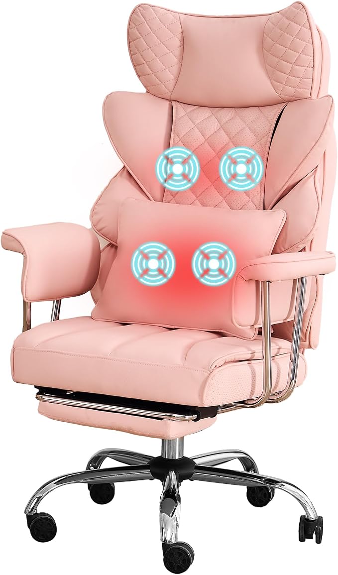 DYHOME 500 lbs Reclining Massage Office Chair with Foot Rest, Kneading Massage Home Office Chairs, High Back Office Desk Chair, Thicker Cushion, Big and Tall Ergonomic Chair for Heavy People, Pink