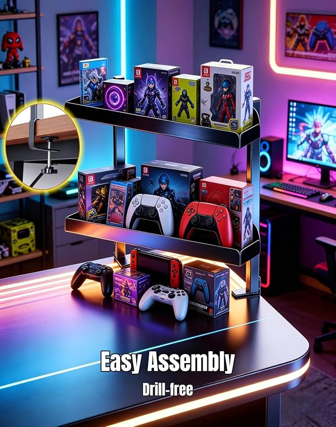 Yuxh Desk Clamp Corner Shelf 16 Inch, Black | Space-saving, clip on or under corner shelf for panel tabletop, office, study room & gaming setup, easy drill-free assembly