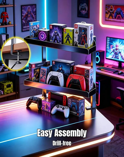 Yuxh Desk Clamp Corner Shelf 16 Inch, Black | Space-saving, clip on or under corner shelf for panel tabletop, office, study room & gaming setup, easy drill-free assembly
