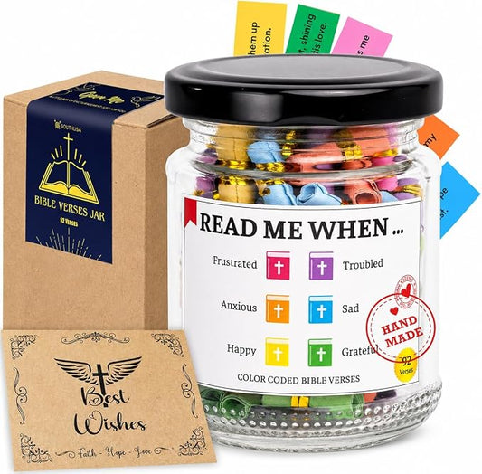 Bible Verses Jar, 92 Hand-Rolled Bible Scroll, Read Me When Christian Jar, Color Coded KJV Bible Verses, Religious Gifts for Women, Prayer Gifts for Friends, Mom, Sister, Cancer Warriors