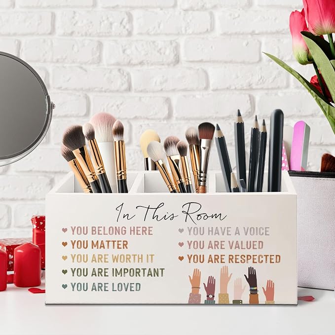 Inspirational Diversity Inclusive Wooden Pen Pencil Holder for Desk, Motivational Positive Affirmation Wood Makeup Brush Toothbrush Holder Organizer for Kids Room Playroom Classroom