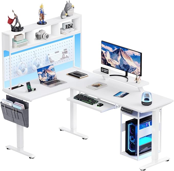 Flycity Electric L Shaped Standing Desk Adjustable Height, 67" x 47" Corner Computer Desk with Host Shelf, Gaming Desk with LED Lights & Power Outlet, Dual Motor Home Office Desk with Storage, White