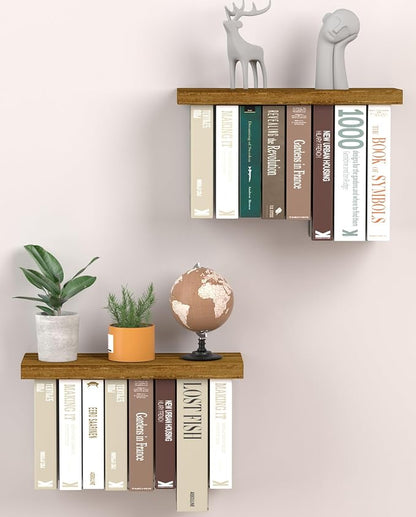 Floating Book Shelves for Wall Set of 2, Unique Wood Hanging Bookshelf | Easy Install Wall Bookshelf with Anti-Tilt Metal Bracket, Floating Bookshelf Storage Display Wall Shelves for Home Decor