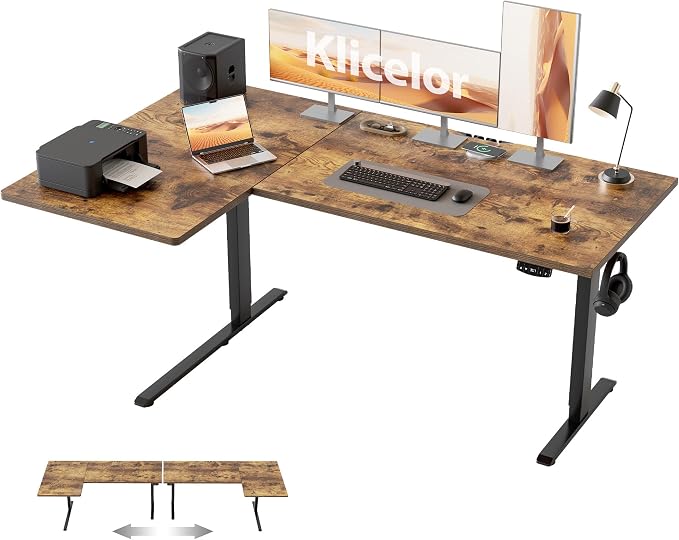 Klicelor L Shaped Standing Desk, 59 Inch Electric Height Adjustable Desk with Memory Preset, Reversible Sit Stand Up Computer Workstation for Home Office, Splice Board, Rustic Brown
