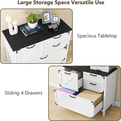 Halitaa Lateral File Cabinet with 4 Drawers Farmhouse File Cabinet for Letter/Legal/A4 Size Hanging Files, Large Wood File Storage Cabinets Printer Stand for Home Office Cabinet, White and Black