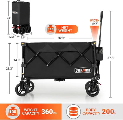 Overmont Ultra-Compact Collapsible Wagon Cart -200L Portable Folding Wagon with All-Terrain Wheels Utility for Beach, Grocery Shopping, Camping, and Gardening – 360lbs Load Capacity Black
