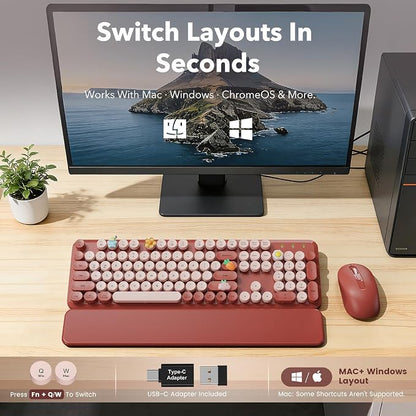 Wireless Keyboard and Mouse Combo, Wine Red Retro Typewriter Style Keyboard with Round Keycaps and Magnetic Wrist Rest, 2.4GHz Wireless for Mac, Windows PC, Laptop, Home Office, School, SABLUTE CK23