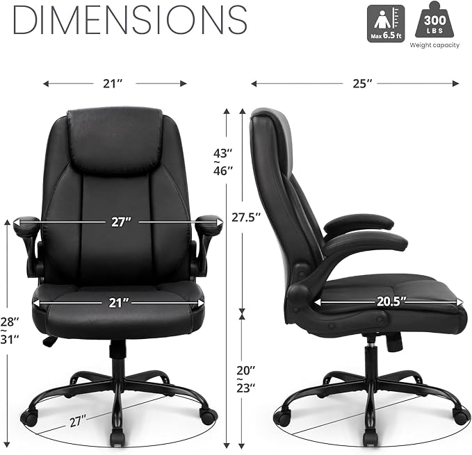 NEO Chair Ergonomic Office Chair Executive Computer Desk Chair Gaming High Back Support Comfy Seat Flip-up Arms Adjustable Height Swivel Rolling Wheels PU Leather for Home (Dark Black)