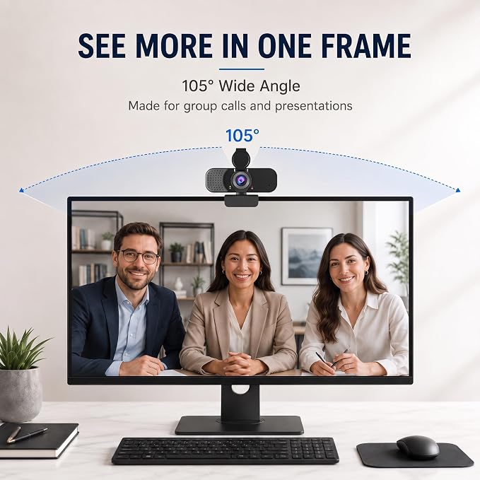 1080P Webcam with Microphone and Physical Privacy Cover, Noise Cancelling USB Web Camera, Auto Light Correction, Plug and Play, Wide Angle PC Camera for Zoom, Online Class, Laptop/Desktop
