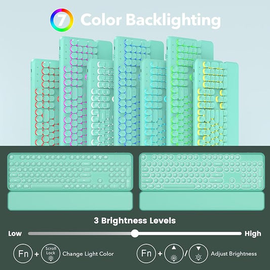 Wireless Keyboard and Mouse Combo, Backlit Round Keycaps, Retro Typewriter Keyboard with Detachable Wrist Rest, Rechargeable & Tilt Legs, 2.4GHz Cordless Connection for Windows/PC (Glowing Turquoise)