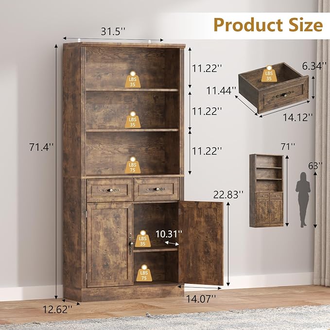 Thacuok 72'' Tall Bookcase with Doors and Drawers, Adjustable Shelves, P2 MDF Construction, 32'' Wide Freestanding Cabinet with Metal Handles, Hidden Storage for Living Room, Bedroom