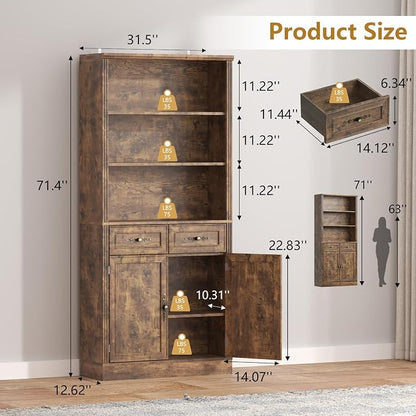 Thacuok 72'' Tall Bookcase with Doors and Drawers, Adjustable Shelves, P2 MDF Construction, 32'' Wide Freestanding Cabinet with Metal Handles, Hidden Storage for Living Room, Bedroom