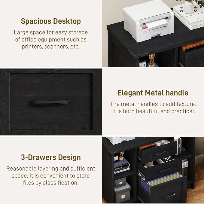 Halitaa 3 Drawer File Cabinet, Farmhouse Lateral Filing Cabinet Fits Files Letter or A4 Size, Wooden Printer Stand with Open Storage Adjustable Shelf for Home Office, Black