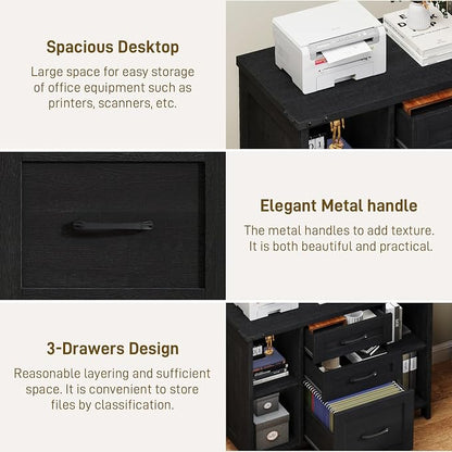 Halitaa 3 Drawer File Cabinet, Farmhouse Lateral Filing Cabinet Fits Files Letter or A4 Size, Wooden Printer Stand with Open Storage Adjustable Shelf for Home Office, Black